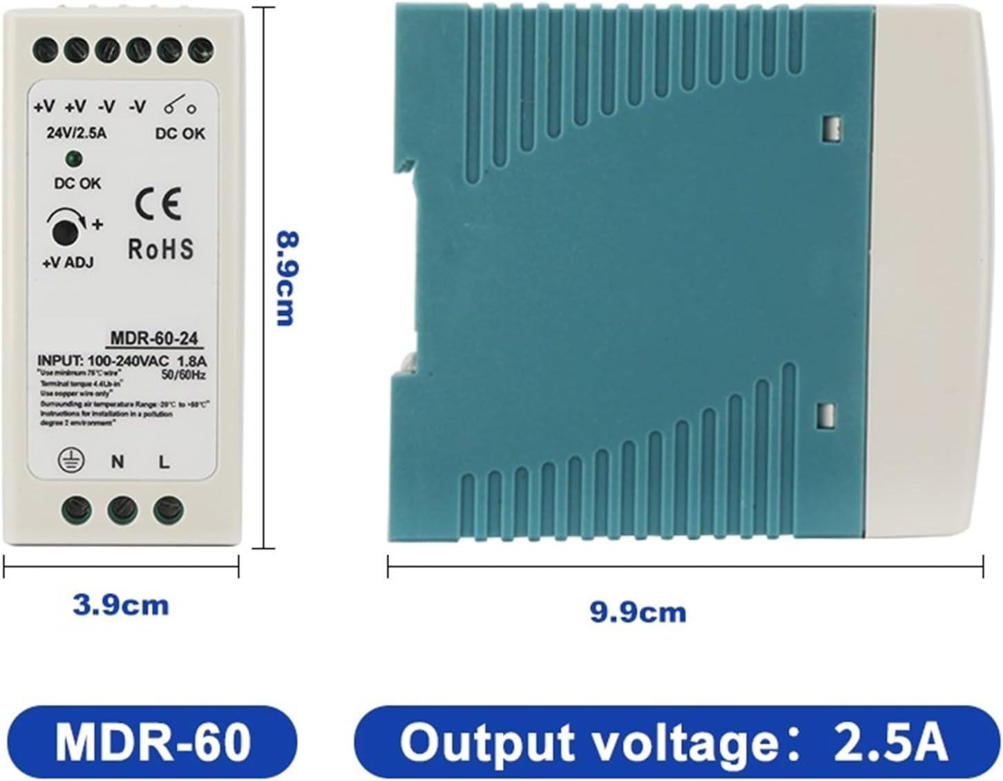 MDR 10W 20W 40W 60W 100W 50/60HZ Power Switch Supply 5V 12V 24V DIN Rail Adjustable Power Supply DC Automotive Source(MDR-40-24)