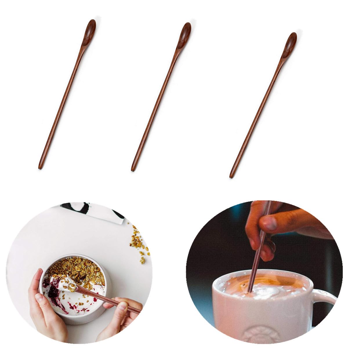Cucharas mezcladoras de café de madera, 3 cucharas de mezcla de madera de mango largo, cucharas de degustación de mango largo para cocina, sopa, café, cóctel, mezcla de miel