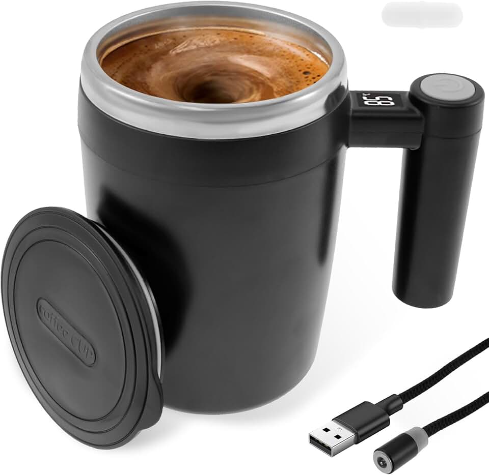 Caneca de café com agitação automática, caneca de café magnética automática com exibição de temperatura, caneca de café de mistura elétrica de 400 ml, xícara de café de mistura automática de aço