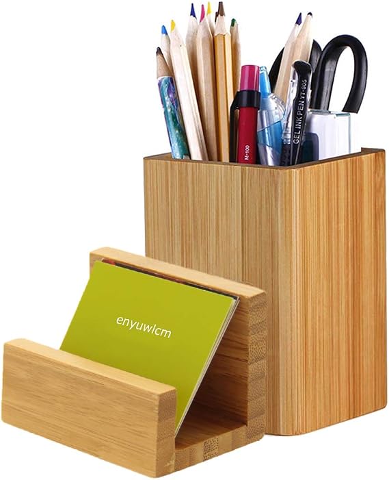Bamboo Wooden Pen Holder Cup and Desk Business Card Holder Stand for Office Home School 2 Packs