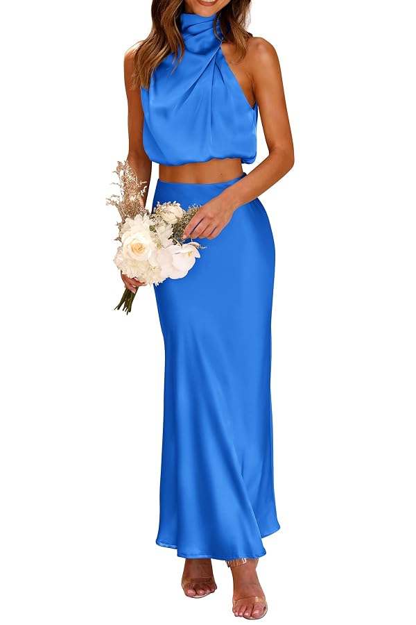 PRETTYGARDEN Women's 2 Piece Outfits Satin Skirt Set Brilliant Blue by PRETTYGARDEN - Used condition - US$43.08