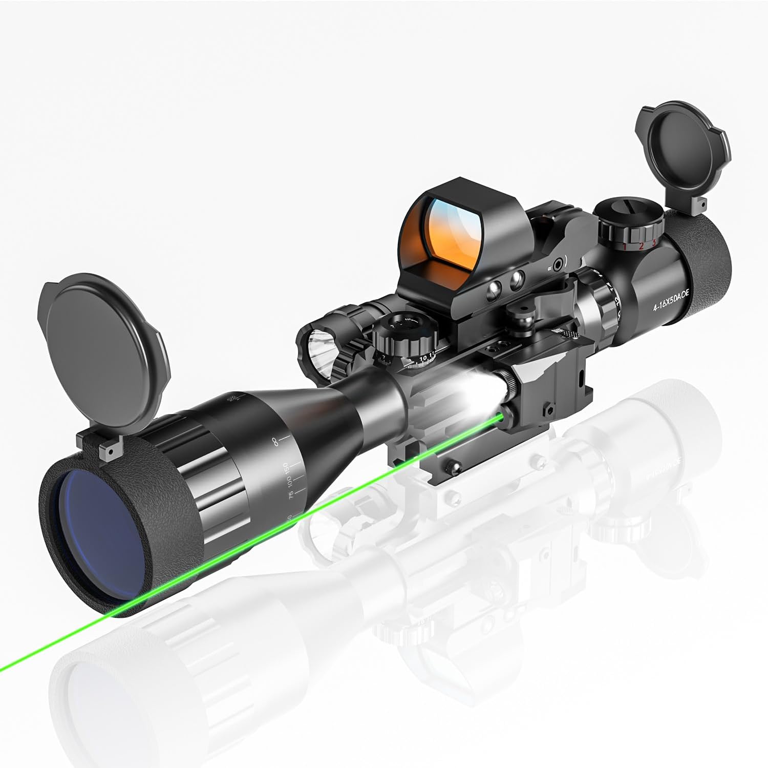4-16x50AO Rifle Scope Combo Red/Green Dual Illuminated with Green Laser 4 Holographic Reticle Red Dot 5Modes Flashlight for Rail Mount