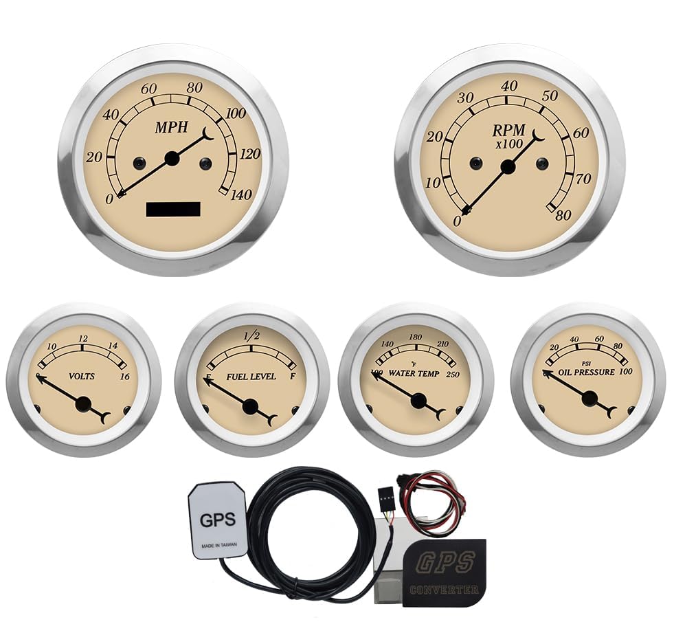 Image of MOTOR METER RACING Classic Electrical GPS 6 Gauge Set Beige Dial Black Ndl. | GPS Sensor Signal, 85mm, 3-3 /8 inch, 52mm, 2-1 /16 inch, Speedometer Digital Odometer, Light Bulb Illumination, Car, Automobile