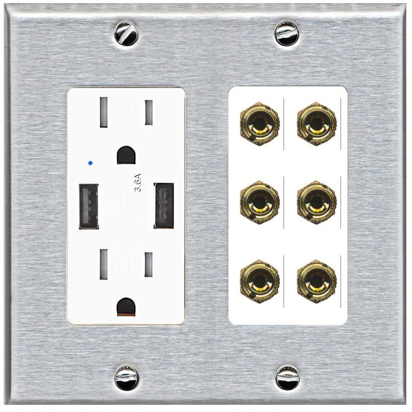 RiteAV 6 Banana 3 Speaker Surround Female Coupler Binding Post Wall Plate - USB Outlet [Ivory/White]