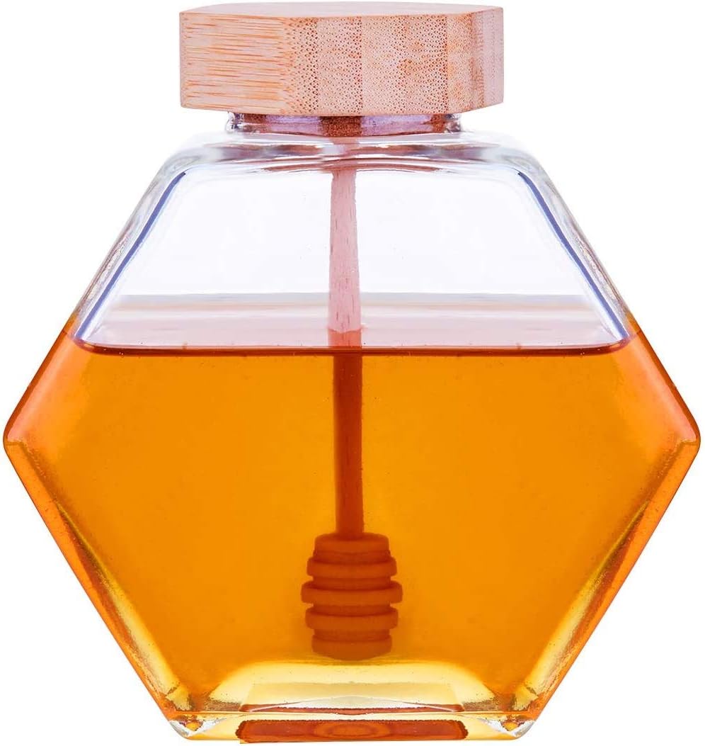 Honey Pot Glass Honey Jar with Wooden Dipper and Cork Lid Cover for Home Kitchen, Clear 380ML Beehive Crystal Honey Jar Syrup Dispenser Honey Pot Glass Jar Commercial