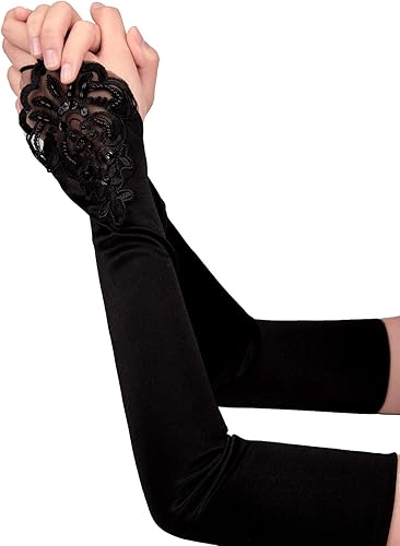 Miniatura 5 de SAVITA Guantes largos sin dedos perforados hasta el codo, guantes de satén de 19 pulgadas, elásticos, para fiesta de noche de la década de 1920,