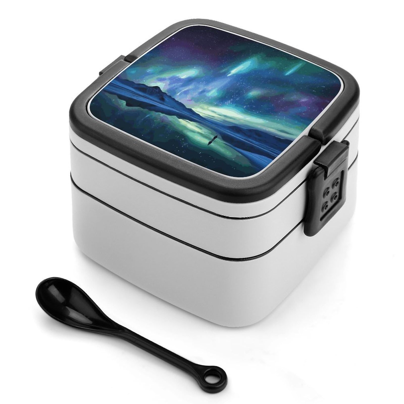 FekiLoot Northern Lights Bento Box Adult Lunch Box Sealed Bento Lunch Boxes with Spoon Sturdy Double Layer Bento Boxes Snap-on Design Leak Proof Lunch Containers Ideal for Work