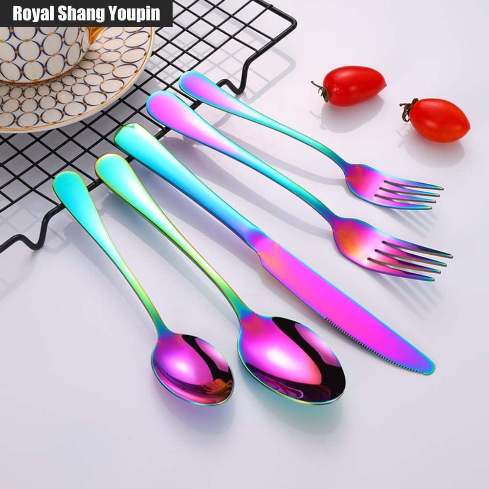 Moderno E Minimalista Allargamento Appiattimento Maniglia Cucina Acciaio Inossidabile Posate Stoviglie Posate Set Coltello Da Bistecca Forchetta Cucchiaio Cucchiaino (Oro bianco,20 pezzi)