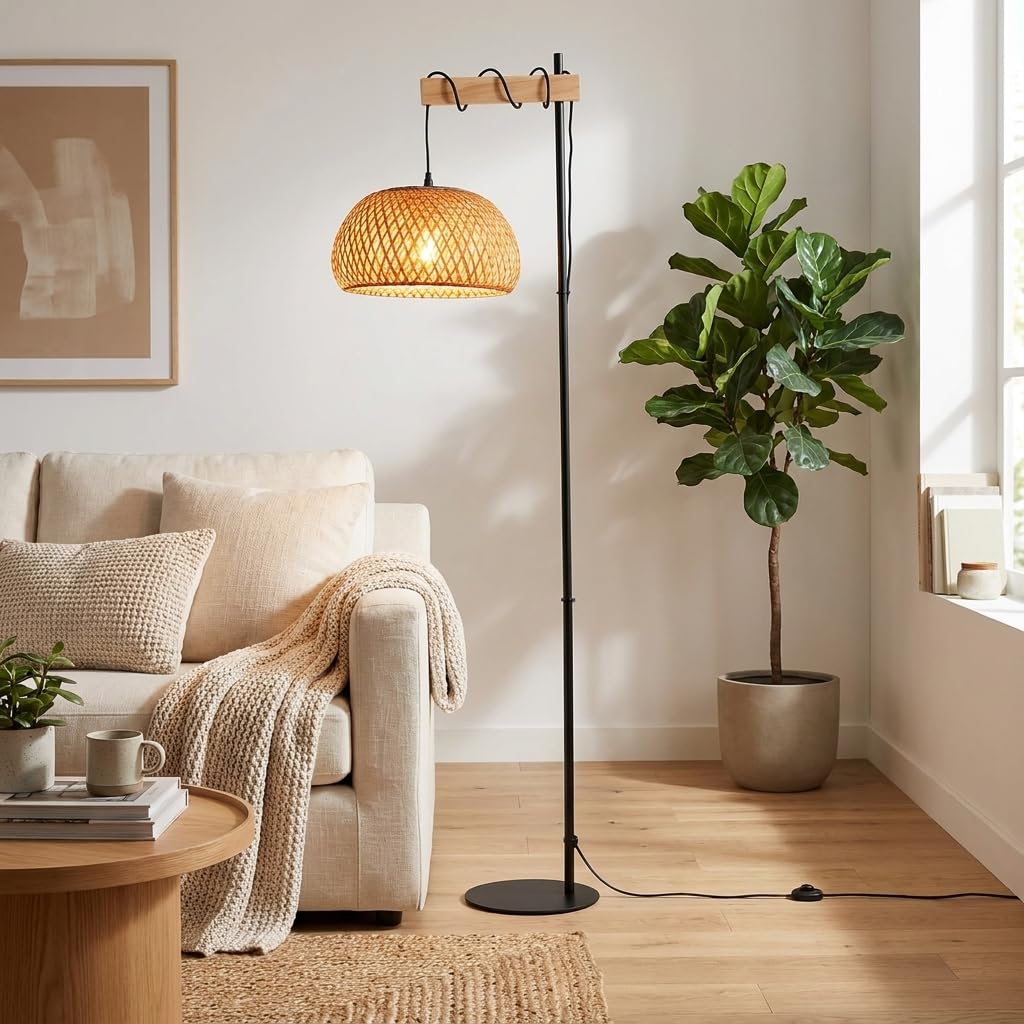 BARCELONA LED Lámpara De Pie Grande De Bambú Y Mimbre Estilo Natural Isla Boho Con Base Negra Metálica Pantalla Artesanal Lámpara Alta Decorativa Rústica Moderna E27 Para Interior Salón