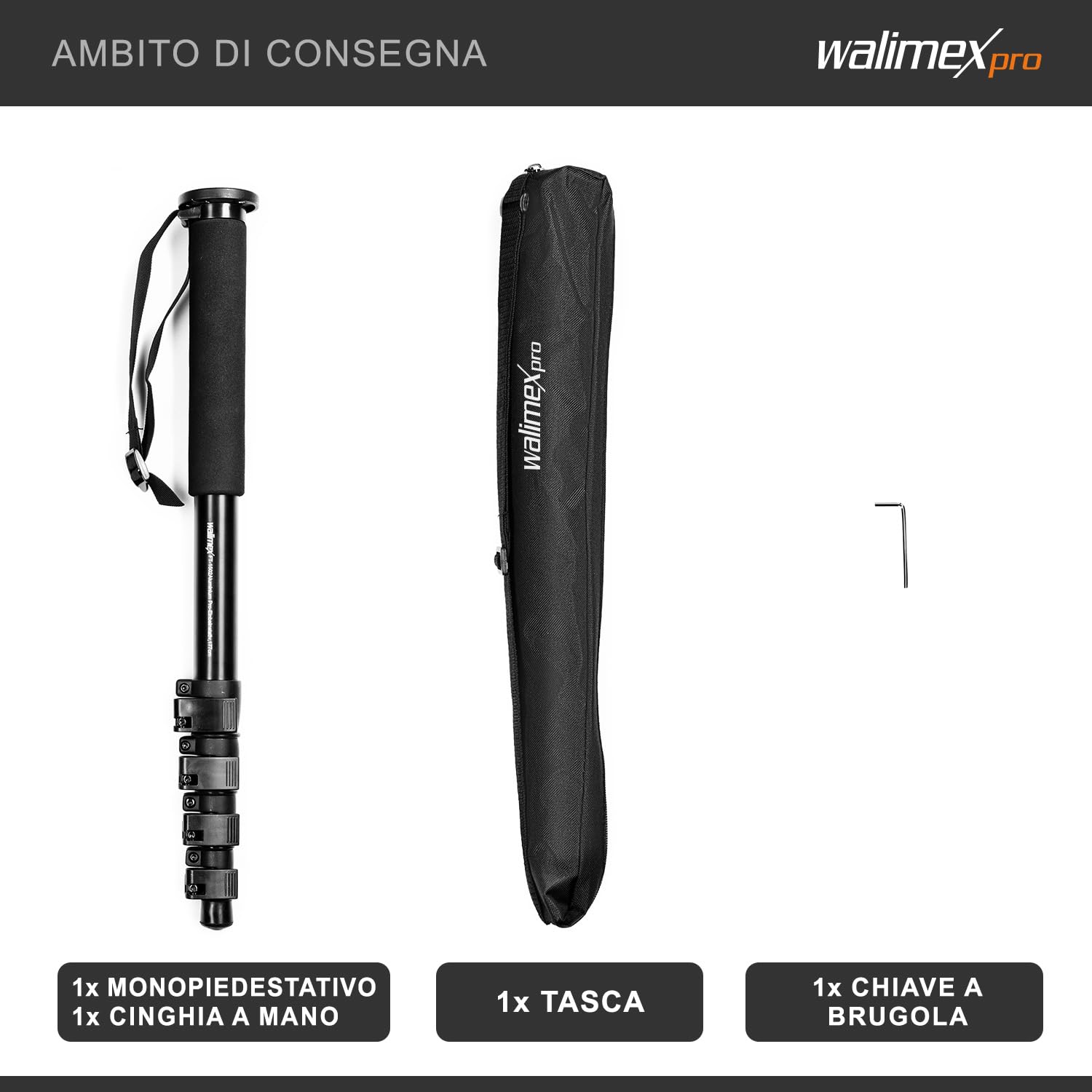 Walimex monopiede in alluminio FT-1502 (altezza massima 177 cm, incl. tracolla e borsa per il trasporto)