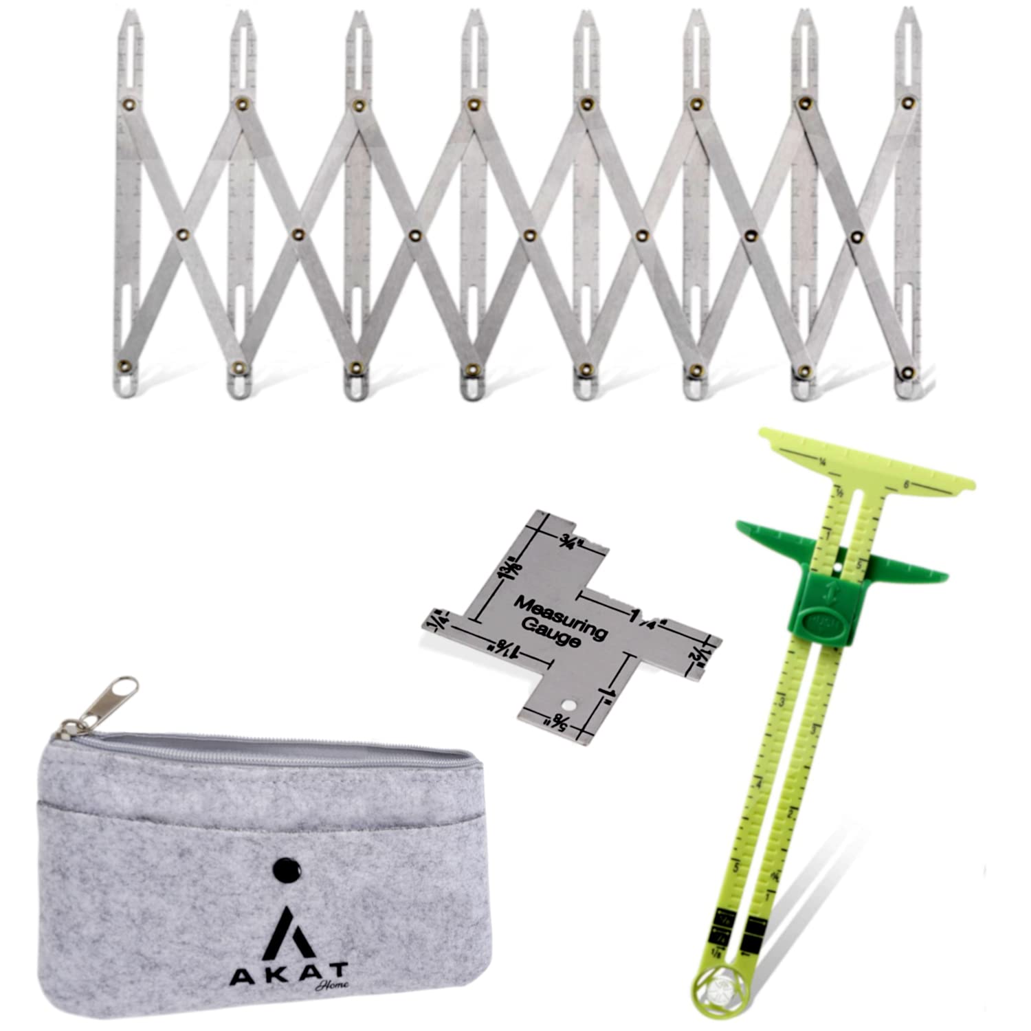 AKAT HOME Quilting Ruler Set Sewing Kit Organizer Fabric 6 Inch 5 in 1 Sliding Gauge Marker Adjustable T Square Measuring Tape Expanding Equal Space Divider Retractable Button Maker, White