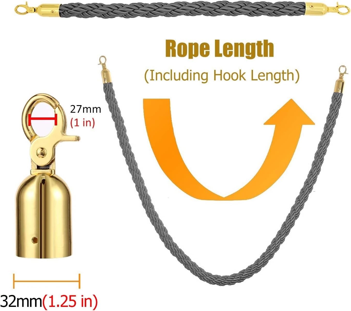 Cuerda trenzada Ber con ganchos de mosquetón de acero inoxidable de 120 cm, cuerda de seguridad para control de multitudes, eventos y uso al aire libre