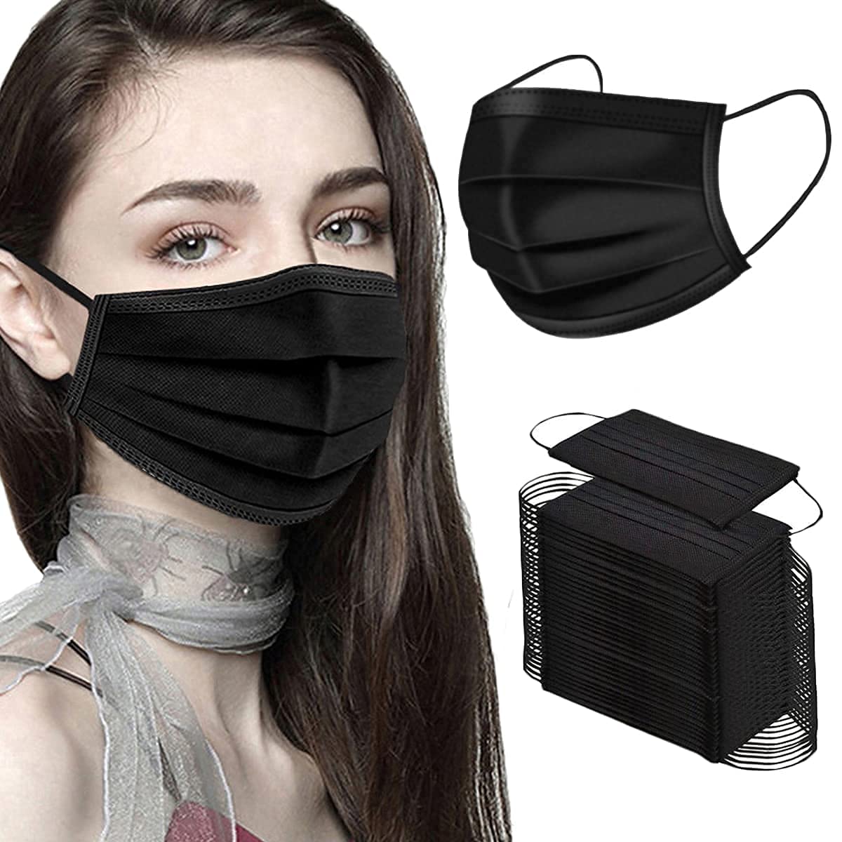 WELLSTAR� 3 Ply Disposable Face Masks Export Quality Non Woven Fabric Mask With 4 Layer Protection and Comfortable Nose Clip Royal Black Pack of 100-image-11