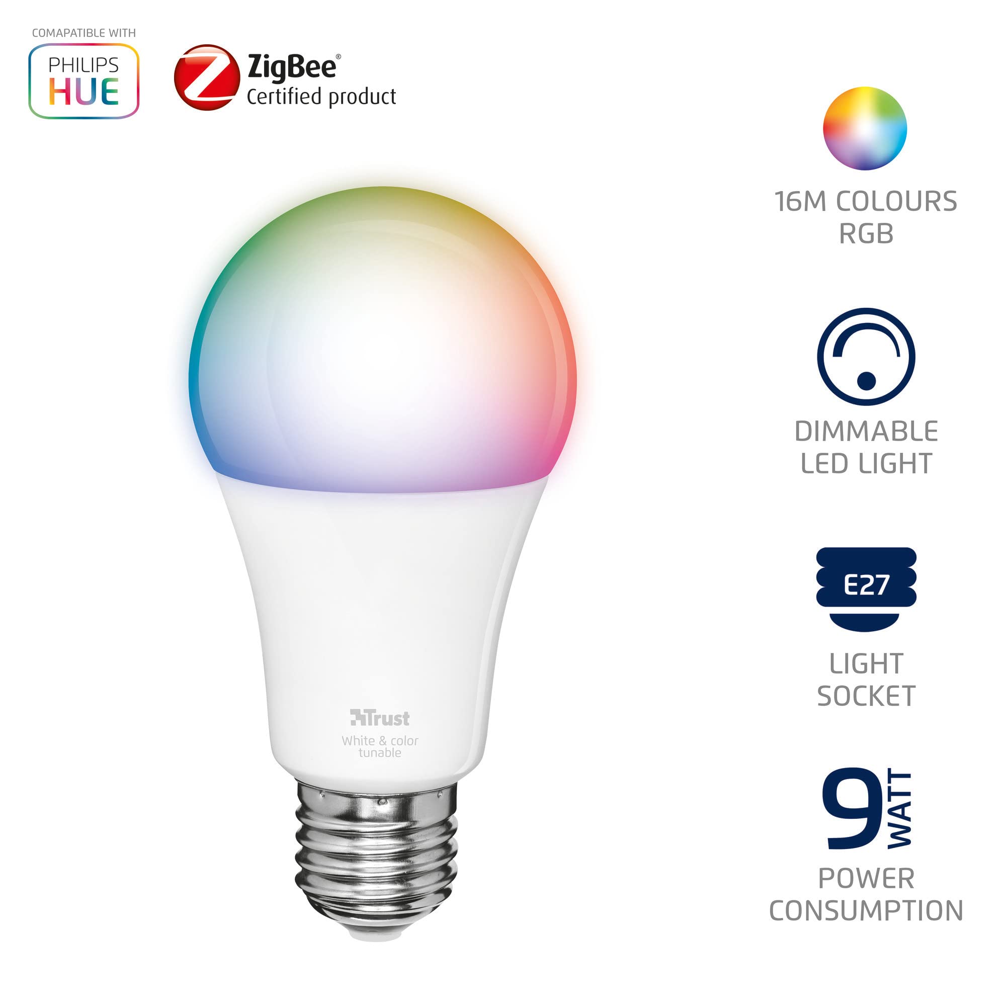 Trust Smart Home Zigbee E27 Color & White LED Lampe ZLED-RGB9 (kompatibel mit Philips Hue*, dimmbar, bis zu 16 Millionen Farben, steuerbar via App) [Energieklasse A+]