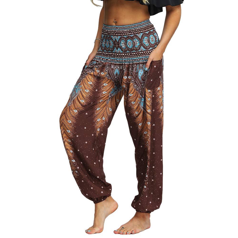Nuofengkudu Mujer Hippies Pantalones Bolsillos Estampados Yoga Pants