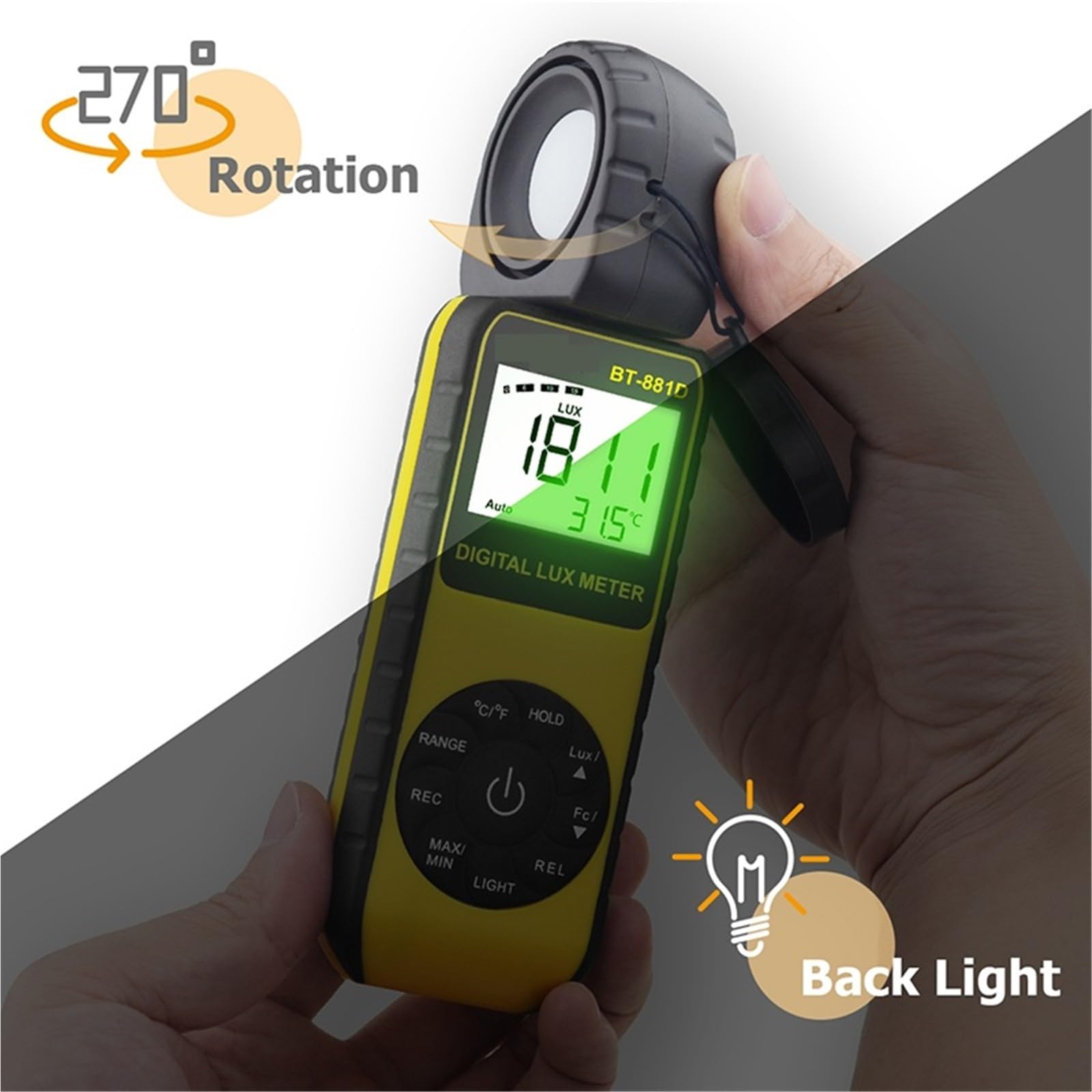 Espectro de luz, Medidor de luz portátil iluminancia digital, 0,1~400.000 Lux, sensor giratorio 270º for plantas, probador luces LED