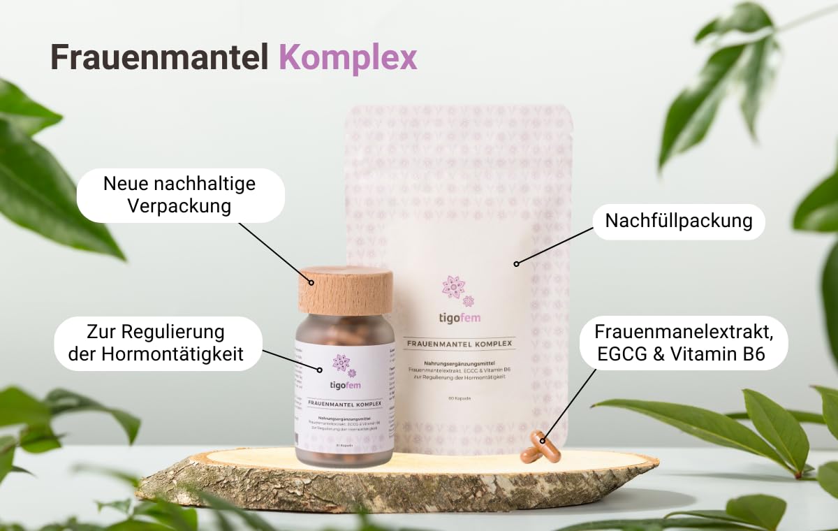 Frauenmantel Tigofem | 80 vegane Kapseln | 340 mg Grüntee Extrakt & 200 mg EGCG | Ohne chemische Lösungsmittel | Für natürliche Regulierung der Hormontätigkeit bei Frauen B6 | Labor geprüft