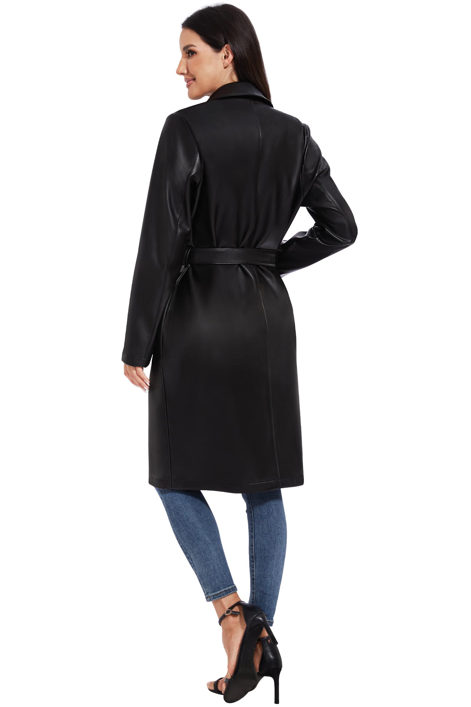 Fahsyee Damen Kunstlederjacke Trenchcoat Bikerjacke Mantel Lang Schwarz | Kunstleder PU im Bikerjacken-Stil, lang geschnitten, mit Gürtel zum Binden Knopfleiste