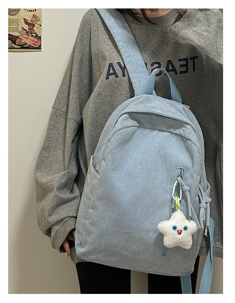 Trendy Corduroy Shoulder Bag Backpack, Cute Large Capacity Rucksack Y2k Daypack Streetwear Bookbag Work Travel Daily (Blue)2