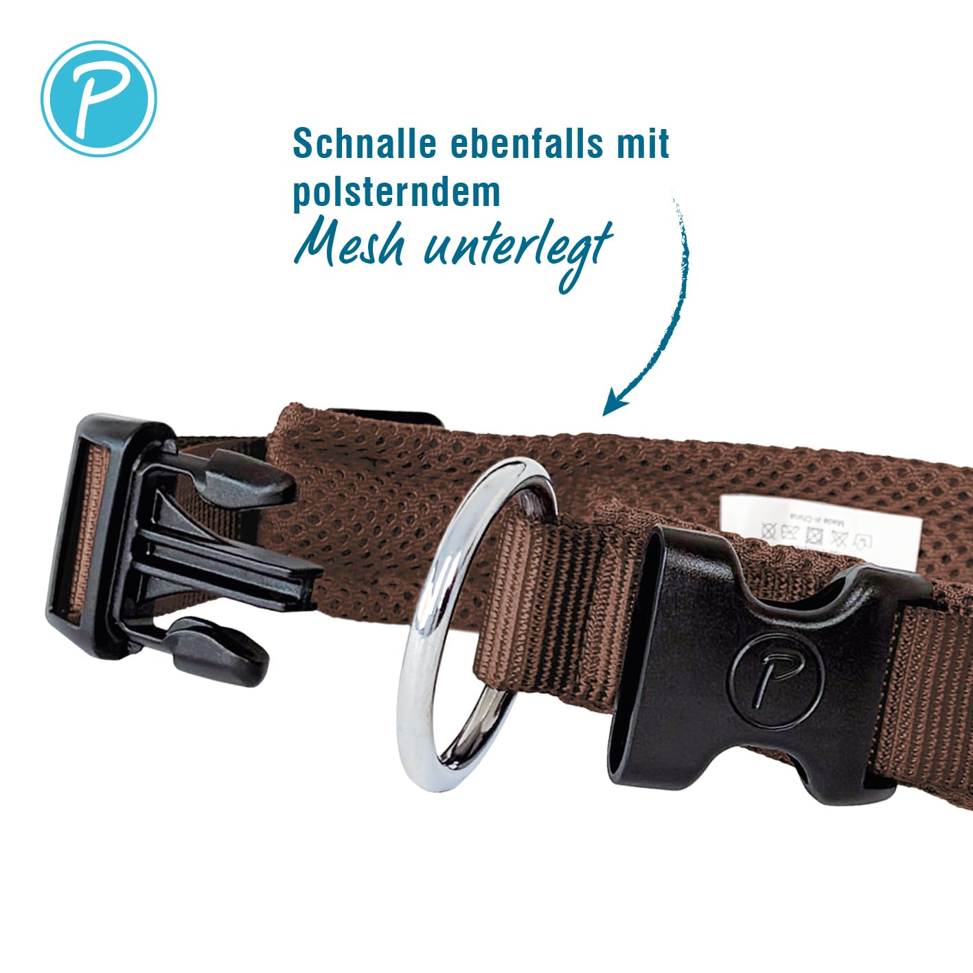 Petlando Mesh Hundehalsband – leicht, atmungsaktiv, weich mit Mesh gepolstert, stufenlos verstellbar, robust & strapazierfähig mit O-Ring – Halsband Hund M 45-50cm, Mokka