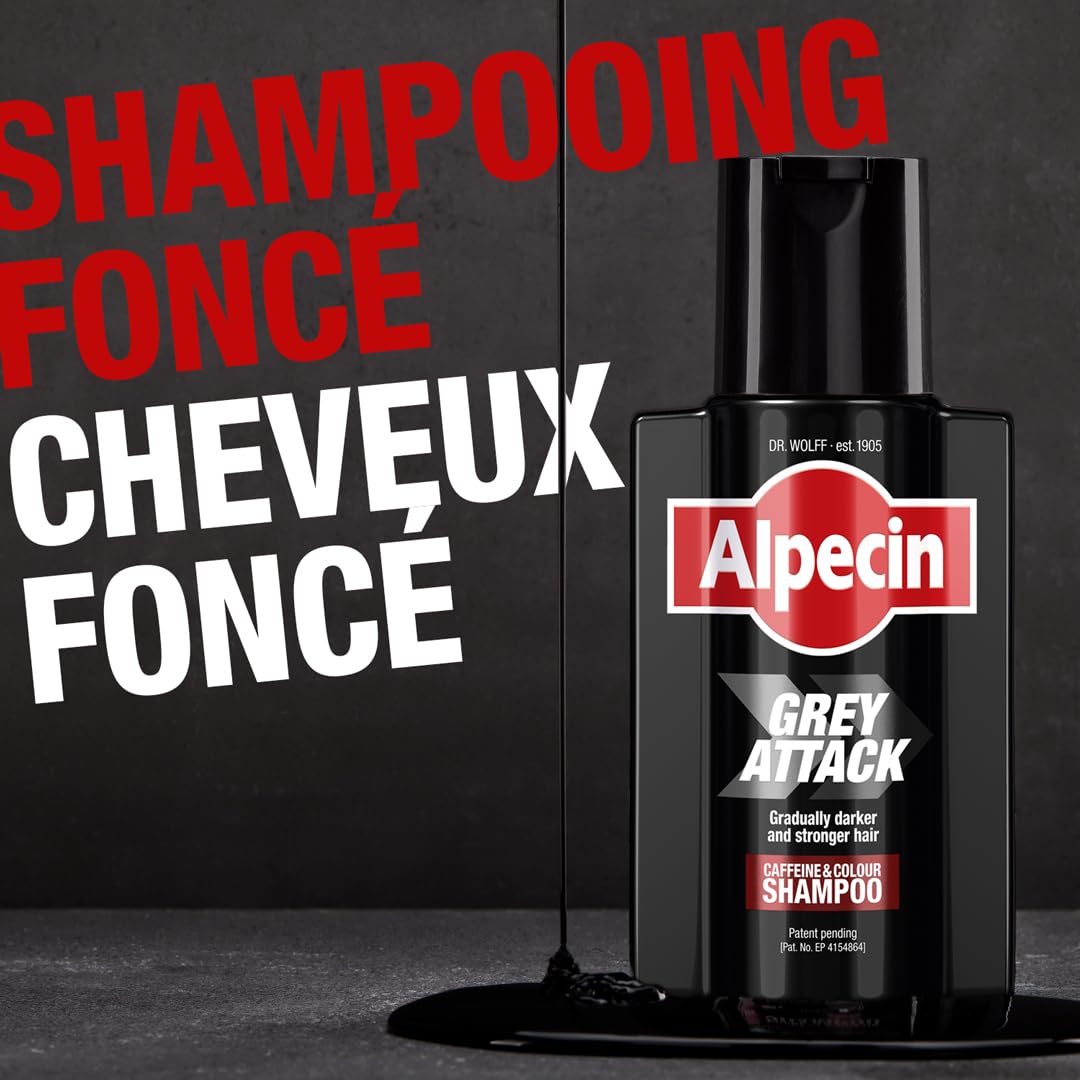 Alpecin Grey Attack Shampooing colorant à la caféine 2x200 ml | Effet colorant contrôlé progressivement | Pour des cheveux moins gris chez les hommes | Prévient la chute des cheveux