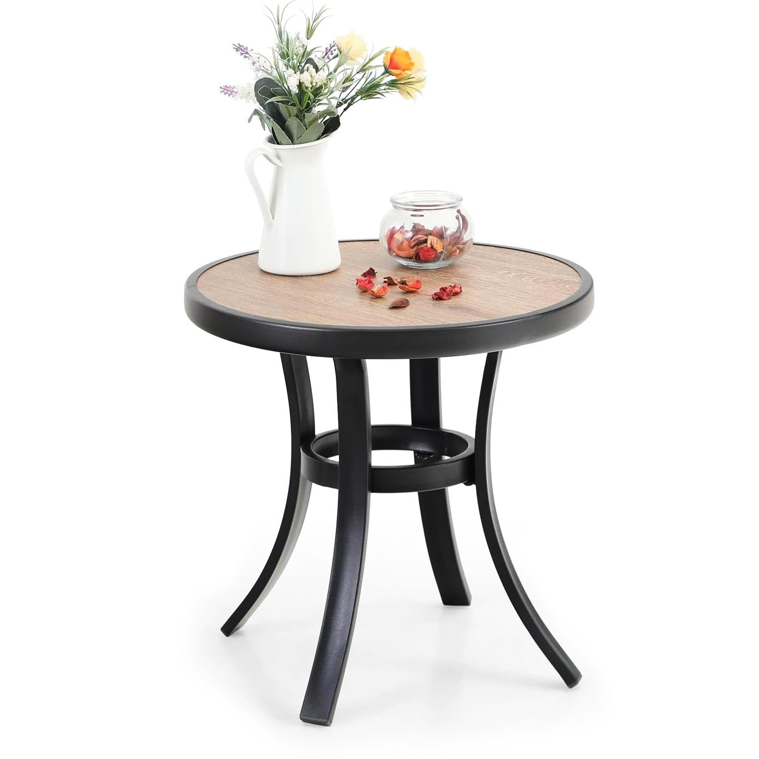 PHI VILLA Outdoor Round Side Table 19 Small Metal End Table with Wood-Lile PVC Top for 2 All