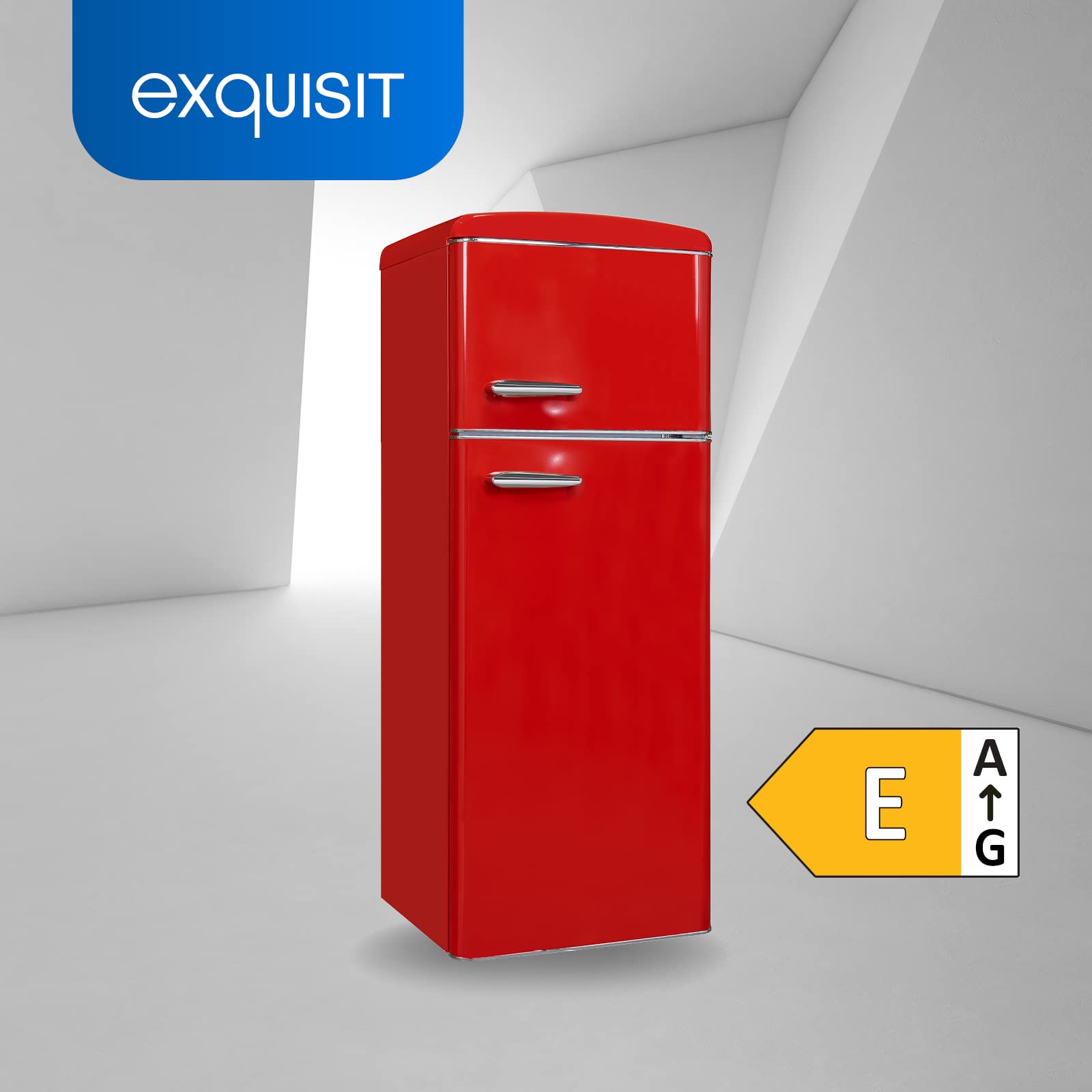 Exquisit Retrokühlschrank RKGC270-45-H-160E rot, Freistehend, insgesamt 206, Volumen, Rot, Kühlen und Gefrieren, Glasablagen und Gemüsefach, Retro Style