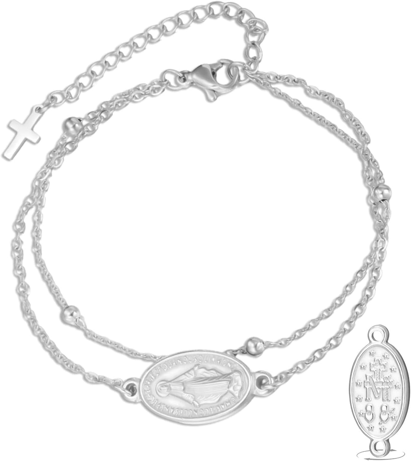 Eouyt Double Sided Rosary Bracelet for Women Men with Virgin Mary Medal Handmade Braided Rope Religious Jewelry Catholic Christian Gift, silver 14