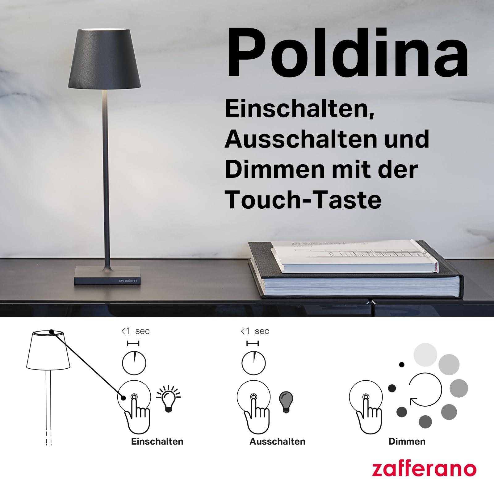 Zafferano, Poldina Pro Lampe, Kabellose, Wiederaufladbare Tischlampe mit Touch Control, Auch für den Außenbereich Geeignet, Dimmer, 2200-3000 K, Höhe 38 cm, Farbe Schwarz