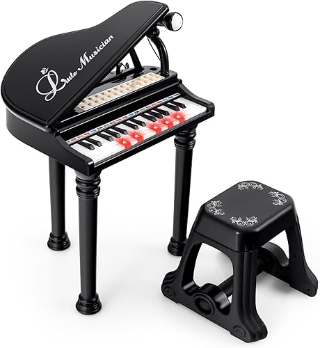 Costzon Piano para niños, mini teclado de juguete de piano de cola de 31 teclas con micrófono, taburete y luces, piano electrónico portátil, juguete