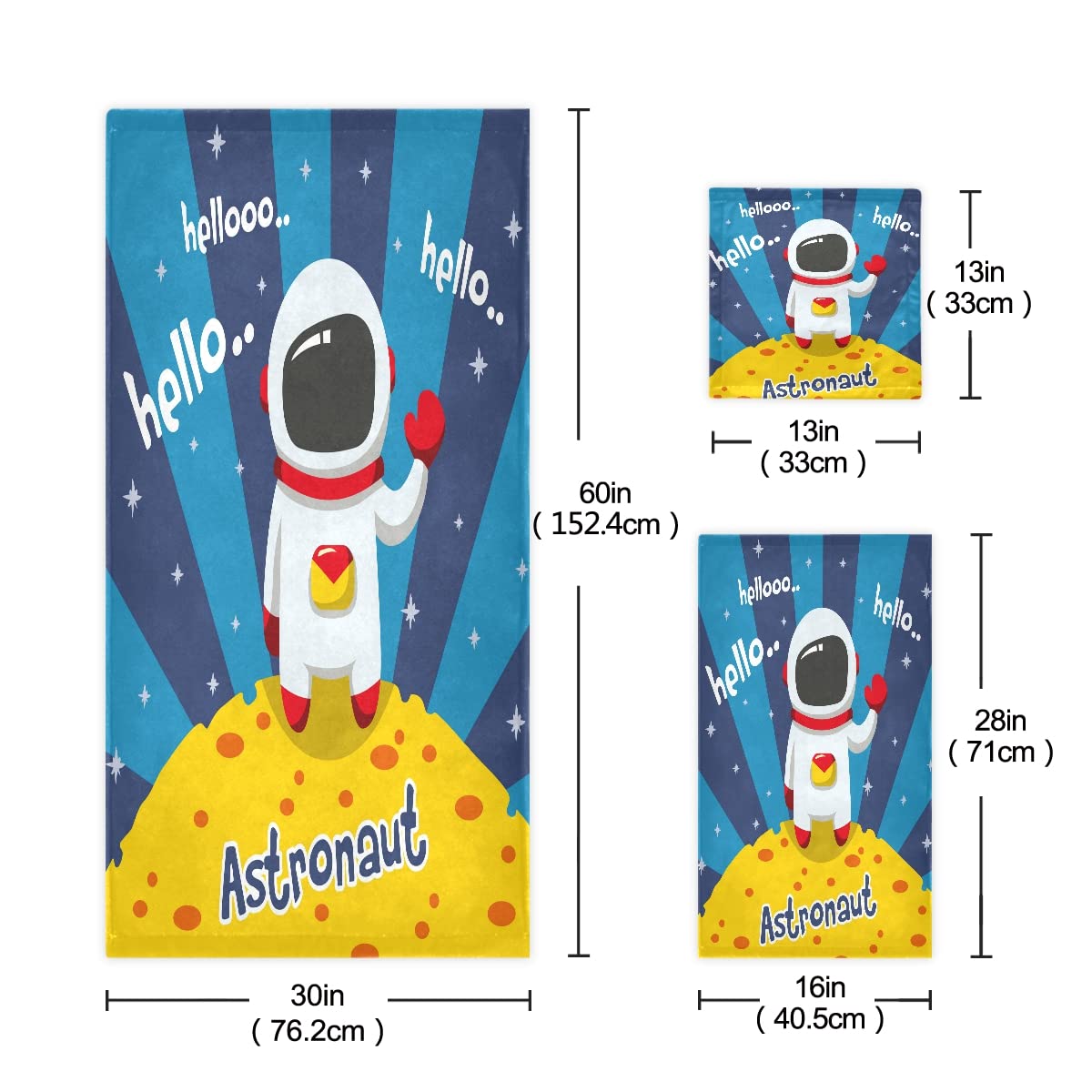Astronauta Luna Linda Caricatura Juego de Toallas para Baño Playa 100% Algodón de Piscina Toalla (1 Toalla de Baño y 1 Toalla de Mano y 1 Paño de Lavado) para Nadar Hotel Niñas Niños Niños
