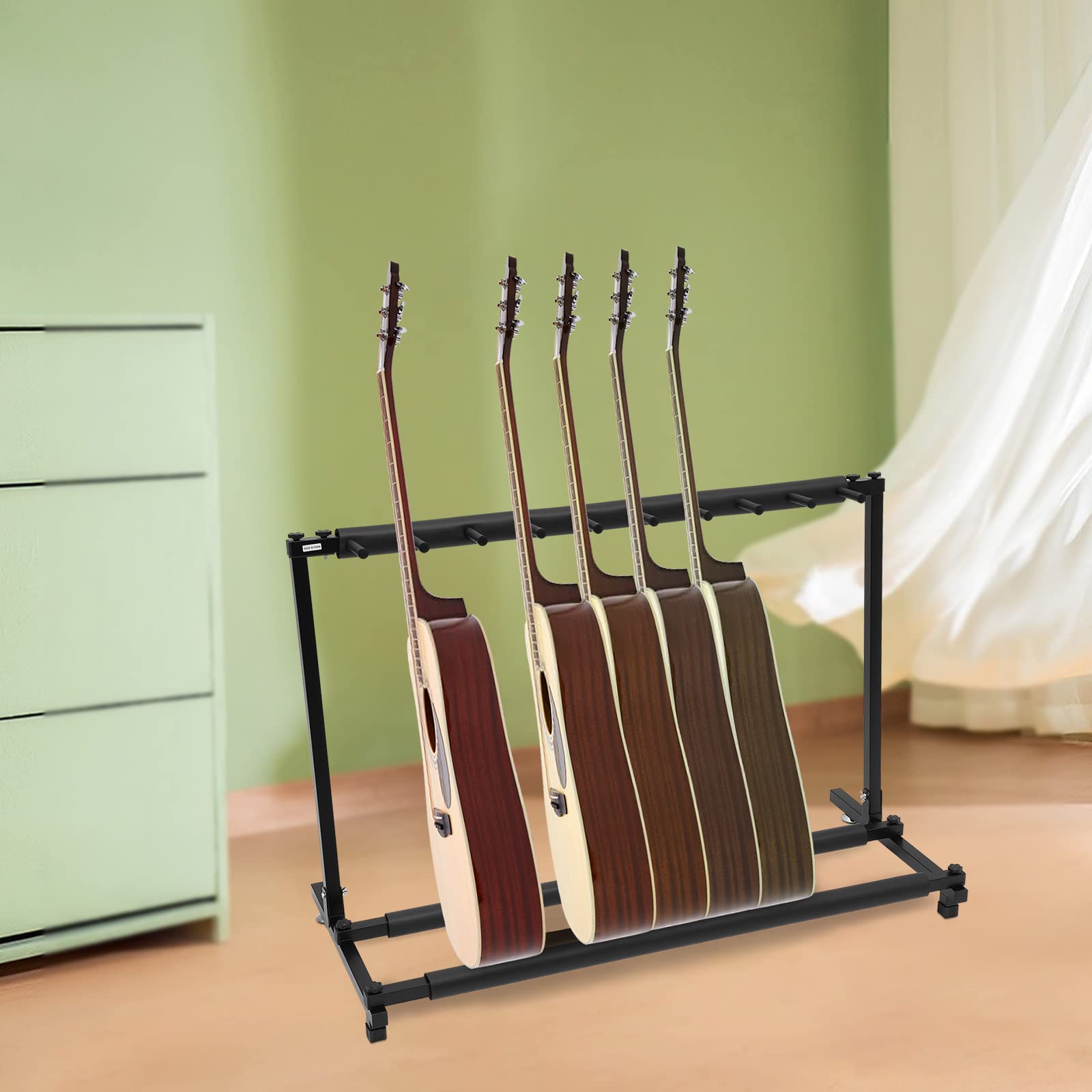 Supporto per chitarra a 3 scomparti, a 5 livelli, pieghevole, con ruote, per chitarra acustica, classica, basso acustico, chitarra elettrica, basso (110 x 47 x 73 cm)
