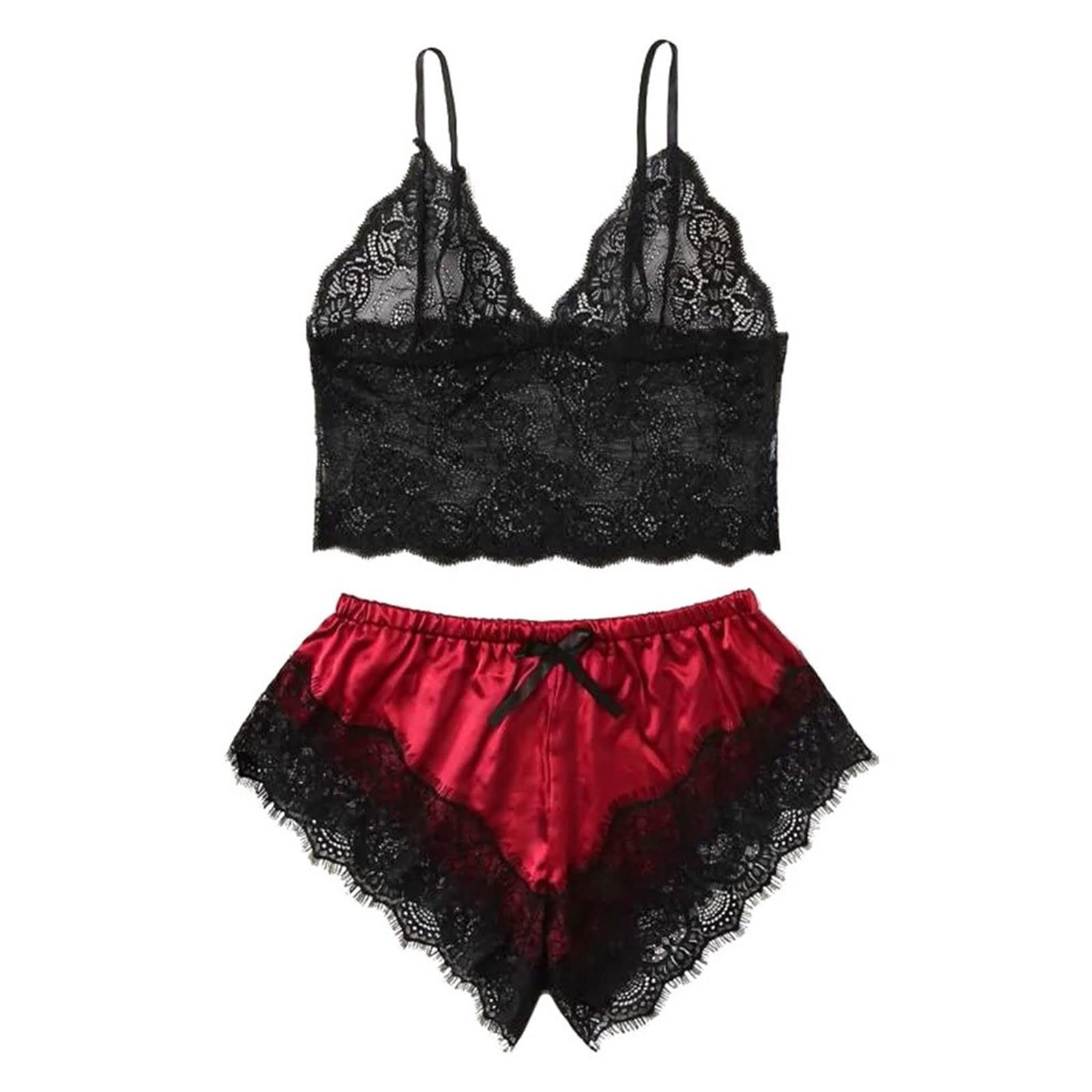 Generic Womens Sexy Sheer Floral Lace Pajamas Lingerie Set Sleepwear Cami Top Bra and Panty 2 Piece Nightwear