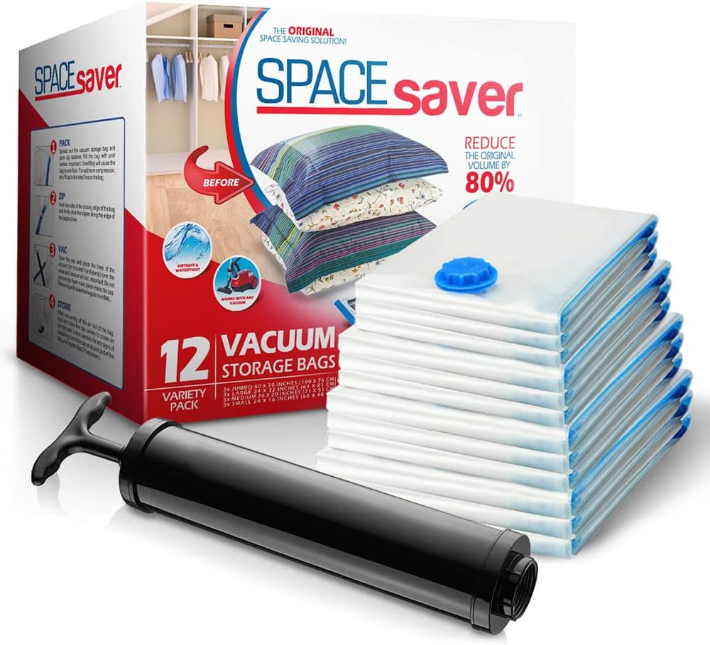 Spacesaver 12 Pack Vacuum Storage Bags Variety Pack - (3 Small, 3 Medium, 3 Large, 3 Jumbo) - 80% More Storage - Travel Hand Pump - Vacuum Sealer Bags for Clothes, Bedding, and More
