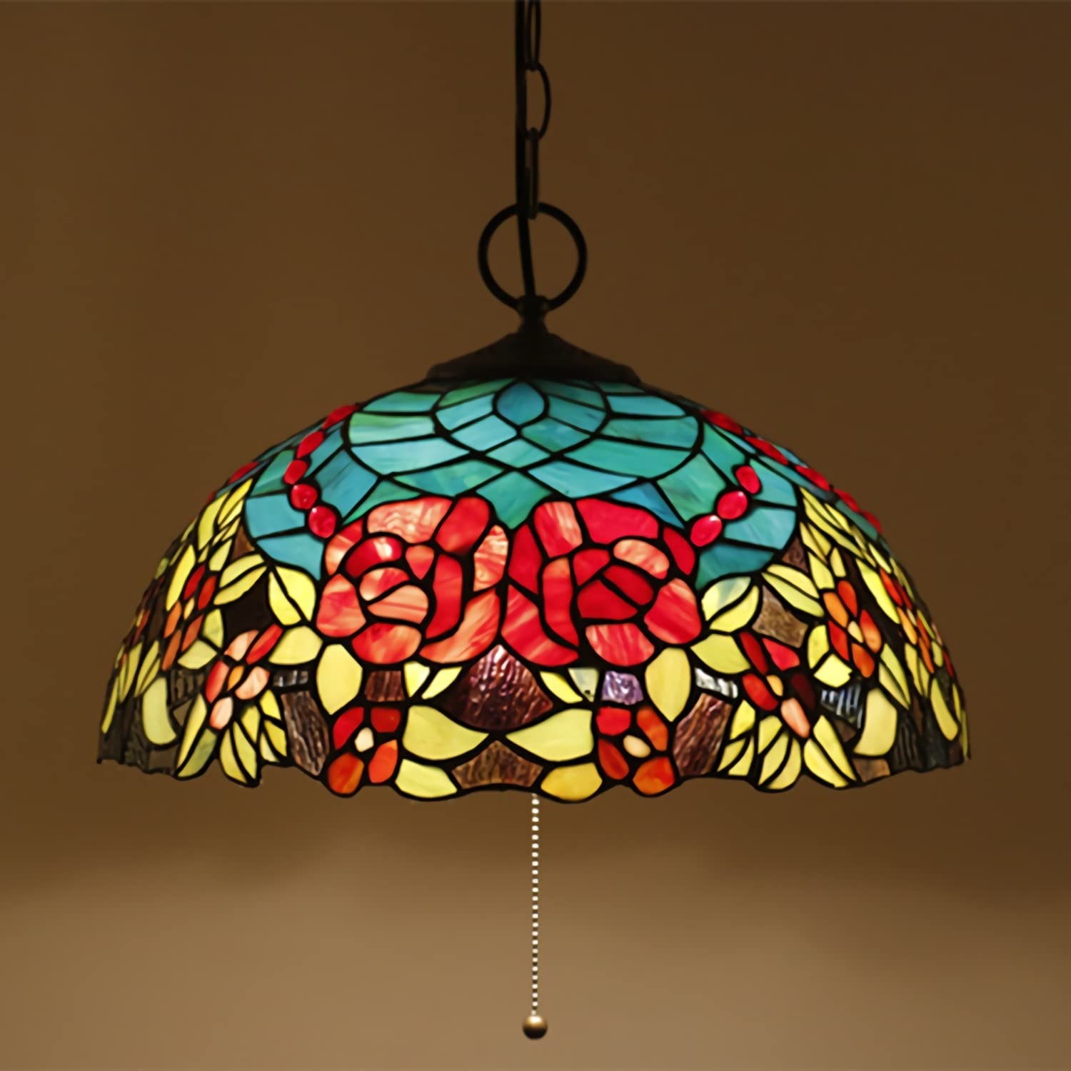 YNIYUJKL 16 Inch Tiffany-Style Chandeliers,Vintage Stained Glass Pendant Light, European Style Adjustable E27 Ceiling Light For Living Room Bedroom Dining Room,A