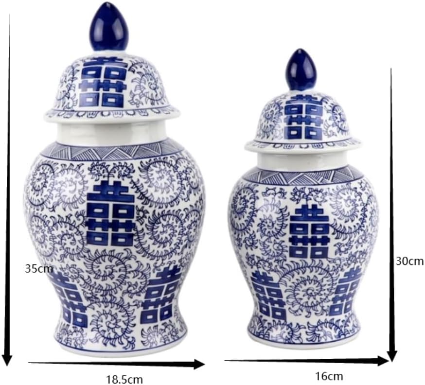 Food Storage Jar,Decorative Jar Ginger Jar Vase Decor Ceramic Vases Ginger Jar with Lid for Home Decor Blue and White Modern Double Happiness Pattern Ginger Jars Storage,A-16 * 30Cm