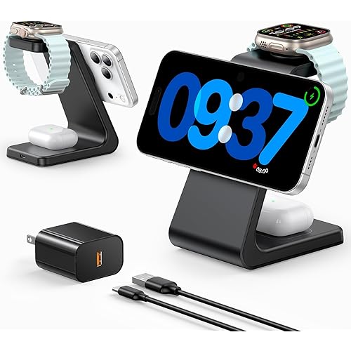3 in 1 Wireless Charging Station for Apple Mag Safe Charger, 15W Fast Mag-Safe Charger Stand Compatible with iPhone 17 16 15 14 13 12, Apple Watch Charger & Airpods, Gifts for Wife & Husband, Black