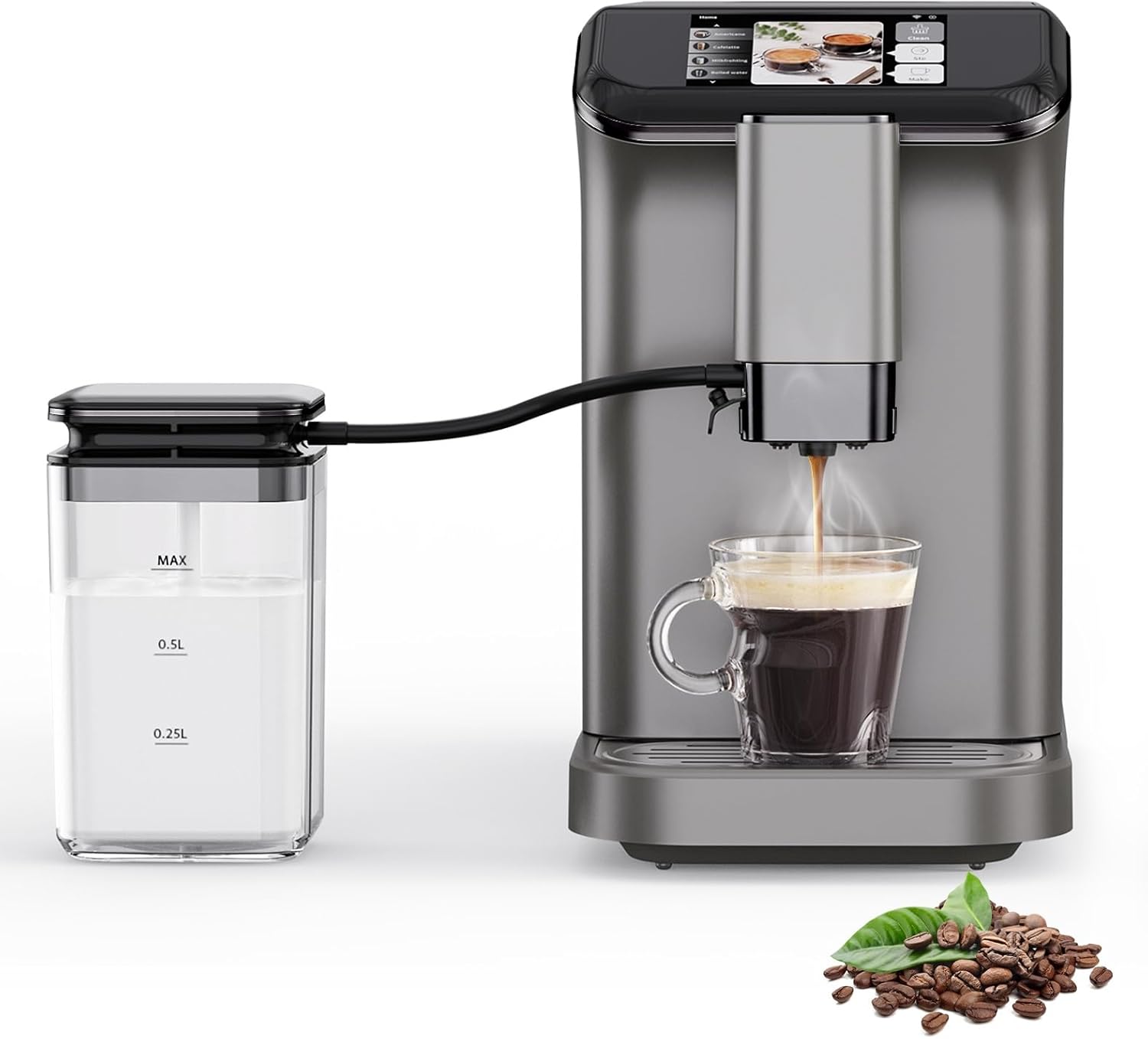 Fully Automatic Espresso Machine with 20 Bar Pressure, Touchscreen Control, Built-in Steel Grinder, 0.75l Milk Container, 1.5l Water Tank, Drip Coffee Maker for Home and Office Use, Grey