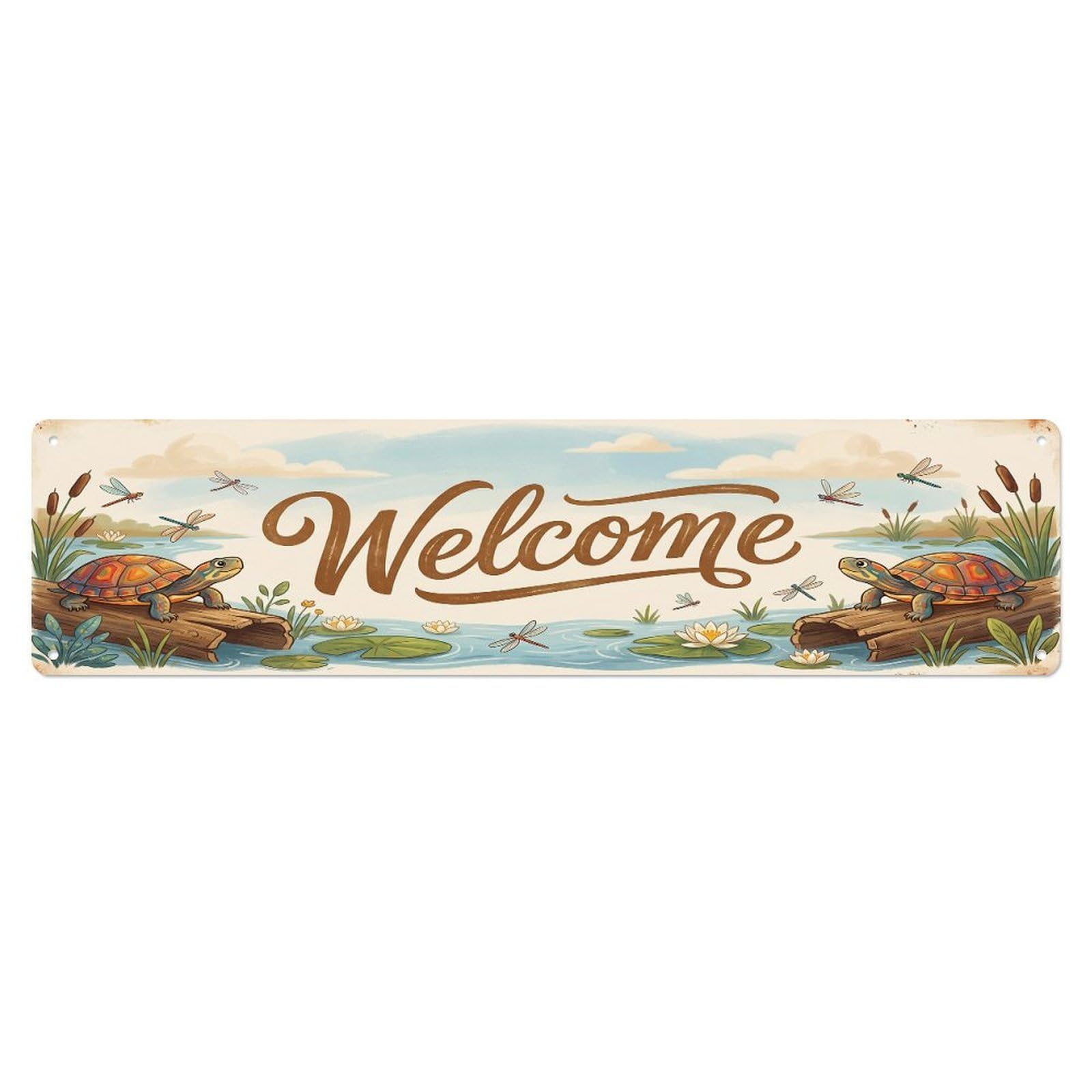 Vintage Welcome Painted Turtle Pond Metal Tin Sign