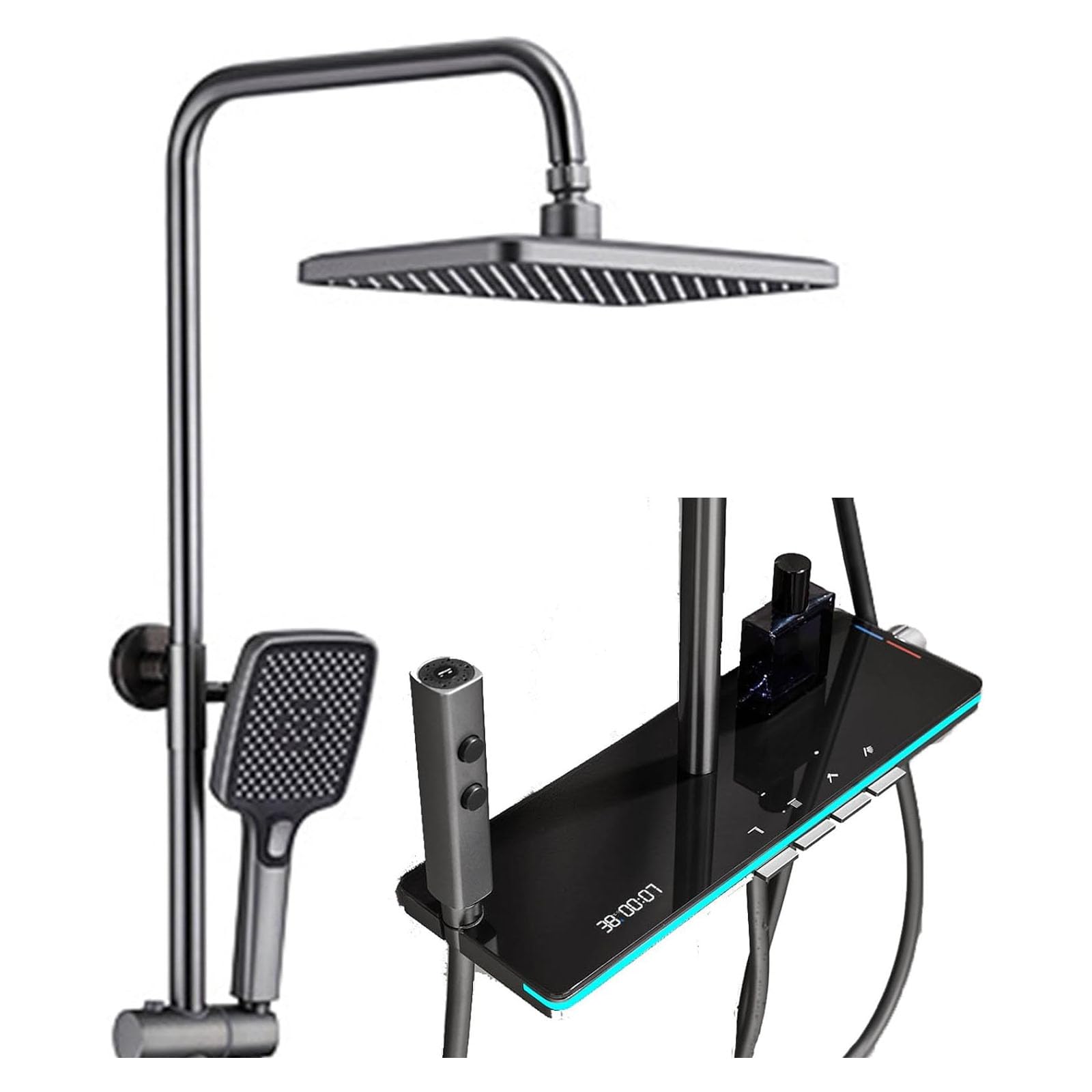 Set Doccia termostatico Grigio con Rubinetto a Parete con soffione a Pioggia ad Alta Pressione da 12", beccuccio per Vasca, doccetta Bidet, doccetta a 3 modalità