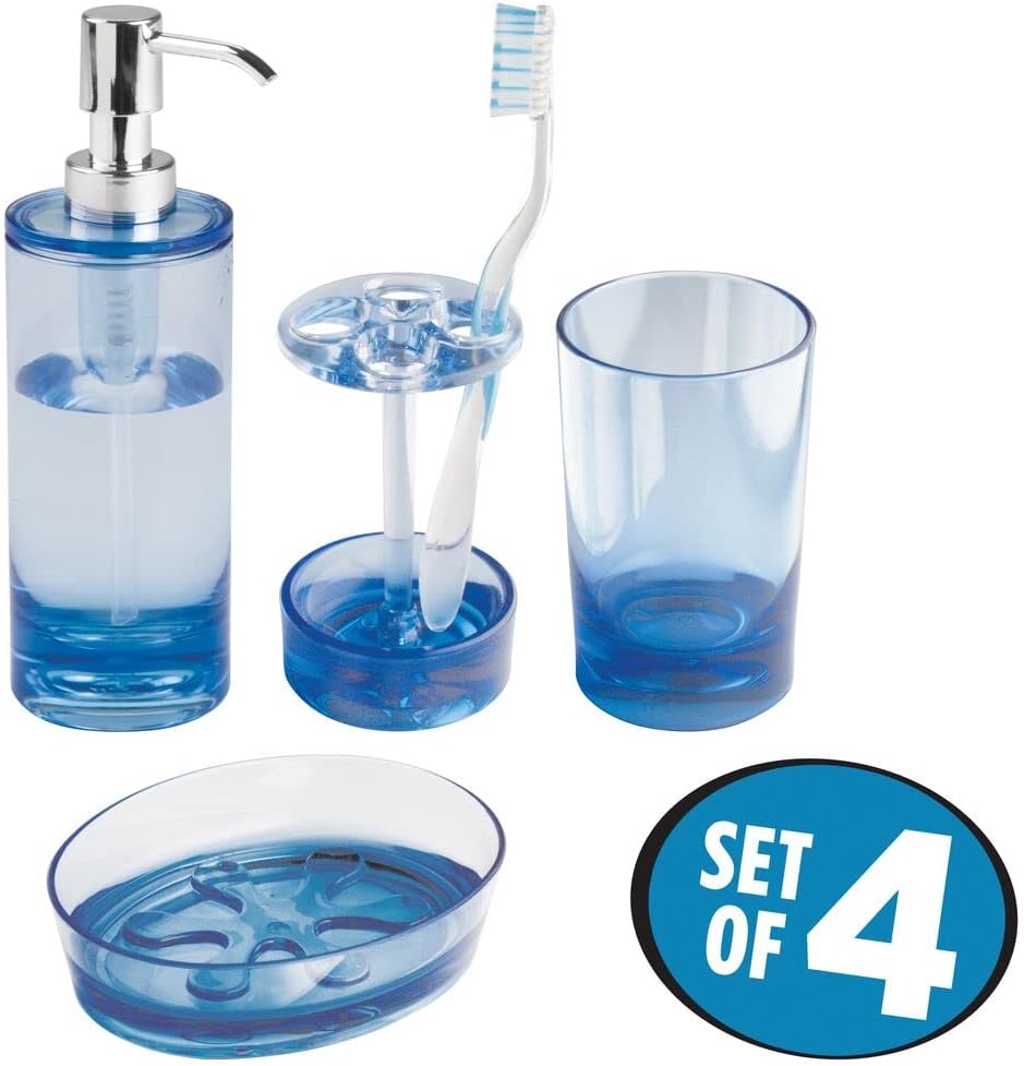 mDesign Plastic Bathroom Vanity Countertop Accessory Set - Includes Refillable Soap Dispenser, Divided Toothbrush Stand, Tumbler Rinsing Cup, Soap Dish - 4 Pieces - Ocean Blue