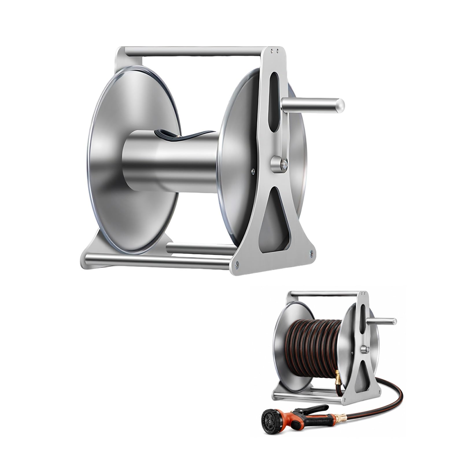 Avvolgitubo da Giardino Muro in Acciaio Inox Heavy Duty Supporto Tubo Irrigazione con Manovella Sistema di Riavvolgimento per Giardino Terrazzo Garage Esterno Salvaspazio(Portable)