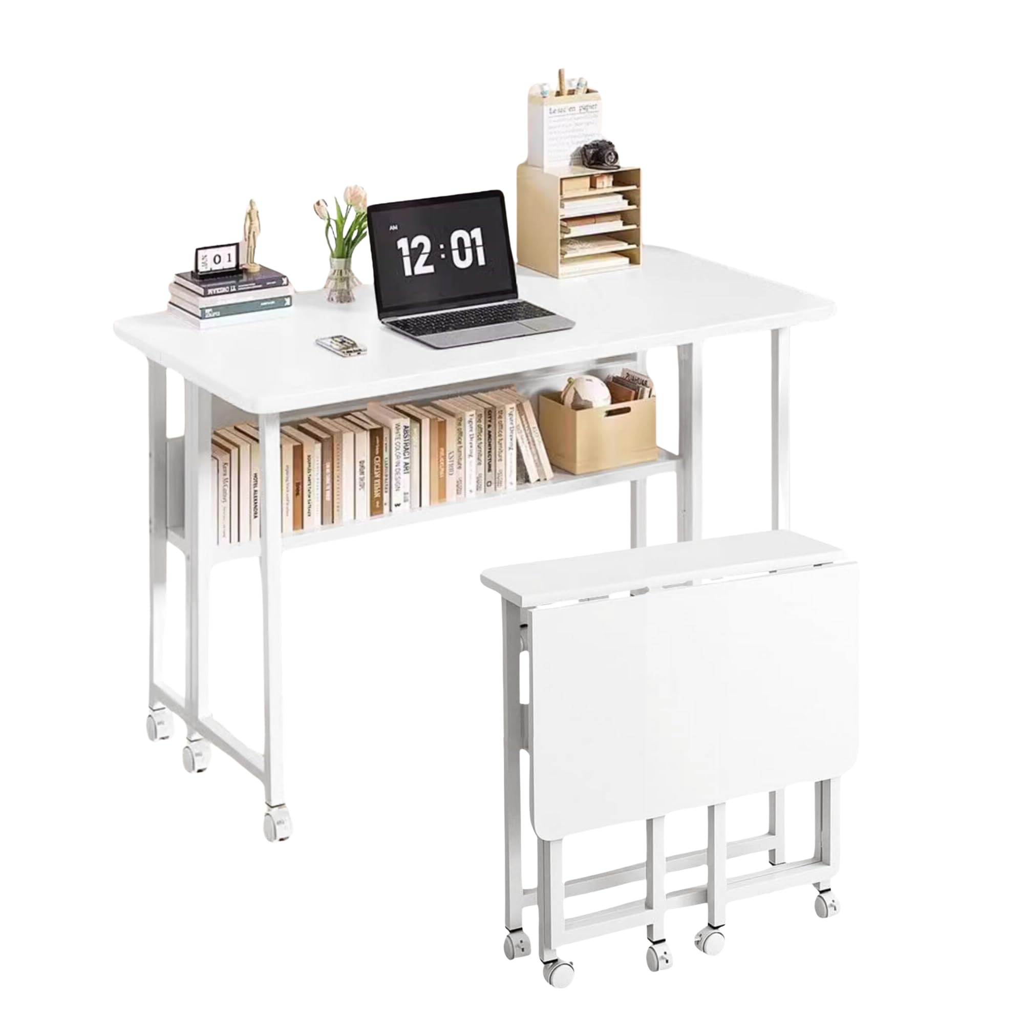 Escritorio Plegable con Ruedas. Mesa Multifuncional con Estanteria, Mesa Plegable para Ordenador, Mesa de Estudio, Escritorio Compacto y Movible para Oficina, Casa, Computadora. 80x58x75 cm.