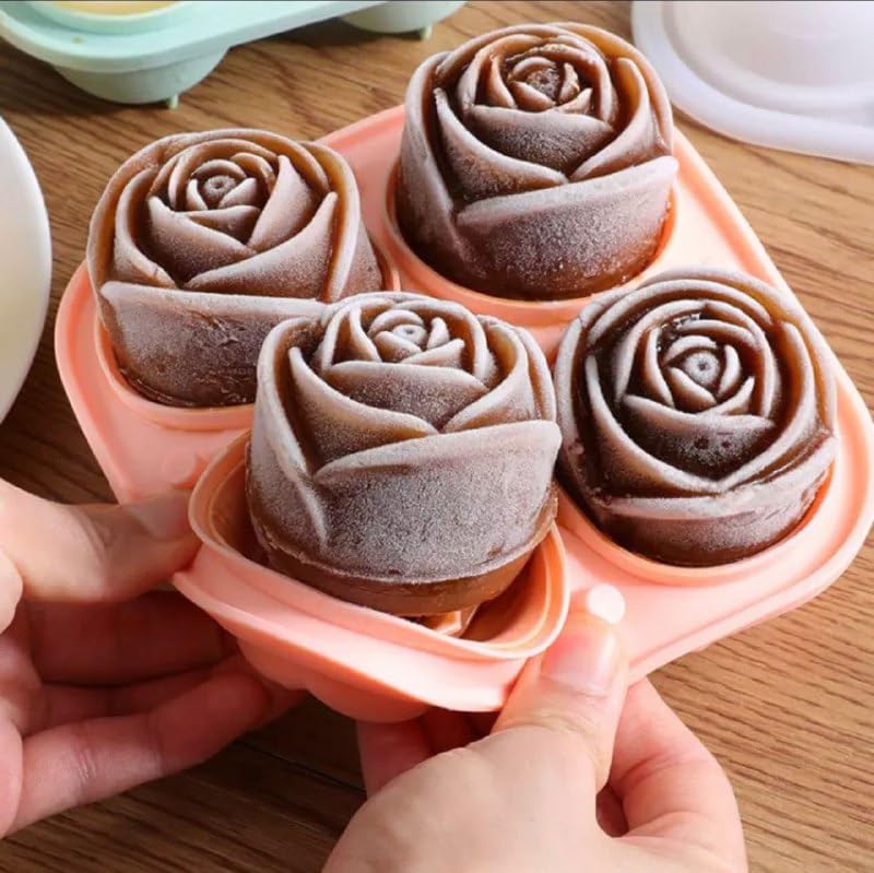 Image of 4-Cavity Silicone Ice Cube Tray Set - DIY Rose and Teddy for Cocktails, Whiskey, Chocolate, and Juice - Reusable, Easy-Release Ice Makers (Rose Shape)