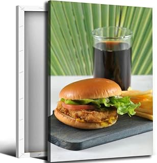 Round hamburger chicken cutlet and French fries and a glass coke Bathroom Canvas Wall Art Decor Framed Photo Prints Picture for Bedroom Living Room Office Kitchen Posters Painting Artwork