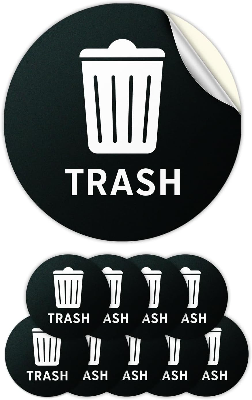 Trash Vinyl Stickers With Trash Can Image For Labeling Garbage Cans - Prevent Tossing Recyclables Or Compost In Wrong Bin - 4" Circle, Black, 10 Pack