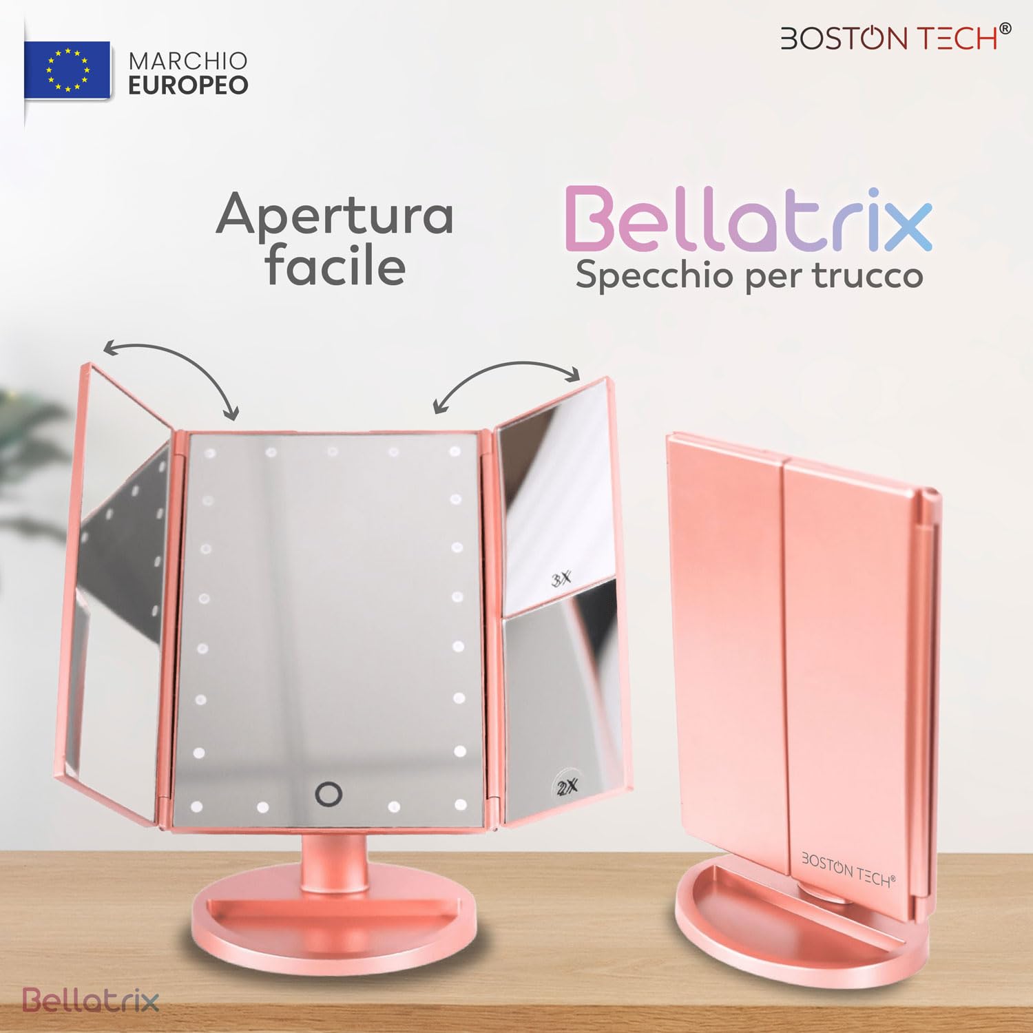 Boston Tech Specchio trucco con luce LED Bellatrix, ingrandimento 1x/2x/3x/10x, specchio pieghevole a 3 pannelli, rotazione 180°, touchscreen, doppia alimentazione e design elegante