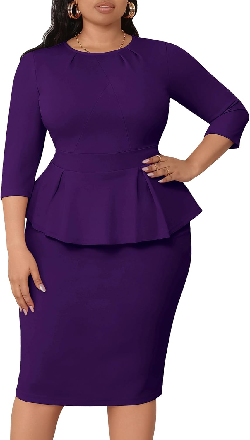 Runwind Womens Plus Size Dress - Work Business Professional Office Vintage Peplum 3/4 Sleeve Pencil Dresses