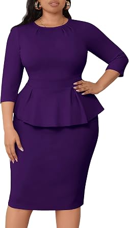 Runwind Plus Size Dress Women Bodycon Peplum Work Midi Dresses