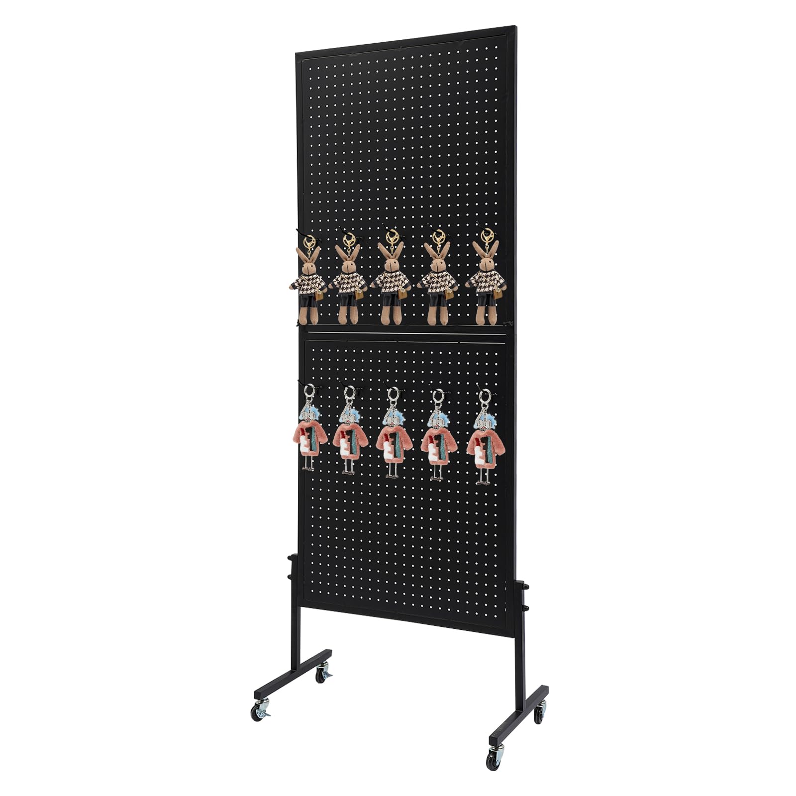 Cbhfmljd Double Pegboard Panels Tower with T-Base, Pegboard Shelf Retail Display Stand with Wheels Art Display Stand with 10 Hooks 66.14lbs Capacity for Handicraft Exhibitions, Retail Stores (Black)